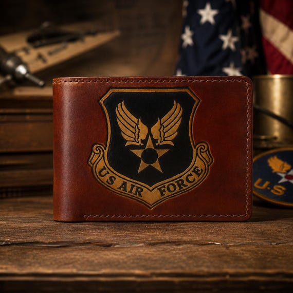 Hand Carved Leather Bifold Wallet: US Air Forcr Emblem, Veteran Gift, Air Force Gift