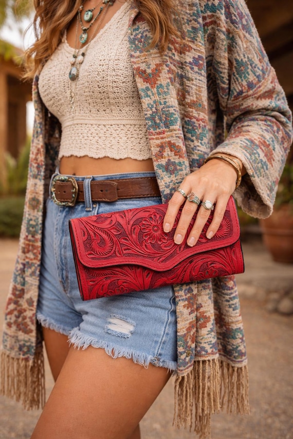 Handcarved Leather Clutch Wallet – Red Floral Tooled Western Purse