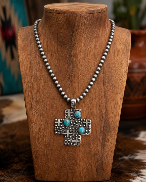 Sterling Silver Cross Pendant: Southwestern Turquoise and Pearl Necklace