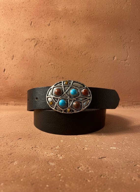 Southwestern Style Belt Buckle with Custom Genuine Leather Belt | Oval Silver Tone Buckle Blue Red and Brown Stone Inlays