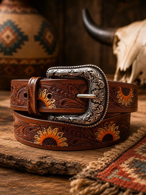 Genuine Leather Belt, Hand-Carved Sunflower Motif | Western Boho Style | Custom Waist Fit
