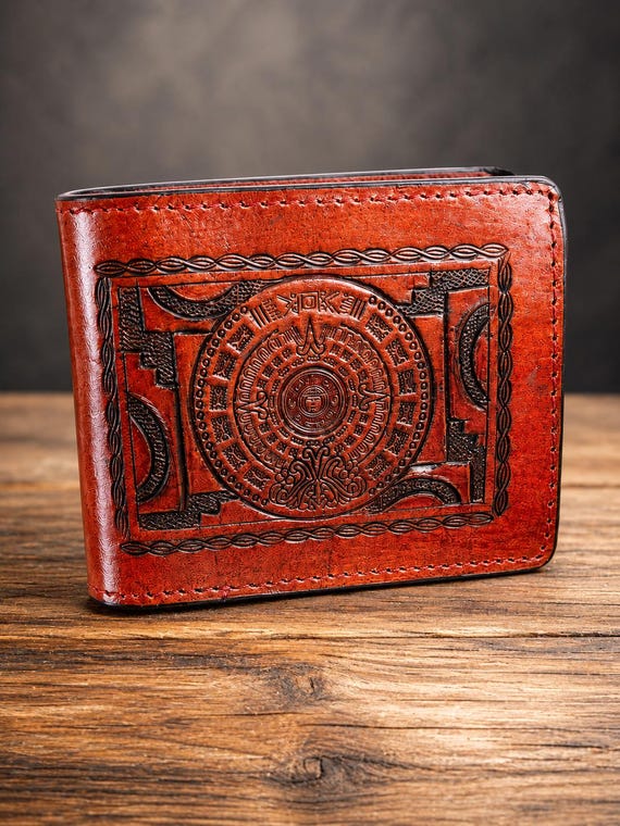 Handcrafted Aztec Calendar Leather Wallet for Men, Genuine Tooled Leather Bifold Wallet, Western Wallet, Mexican Calendar Wallet, Gift