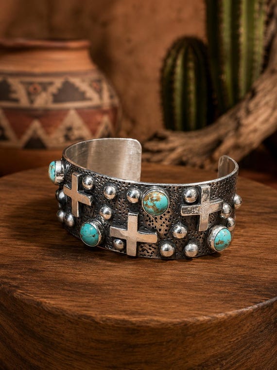 Turquoise Cross Sterling Cuff Bracelet - Contemporary Southwestern Design