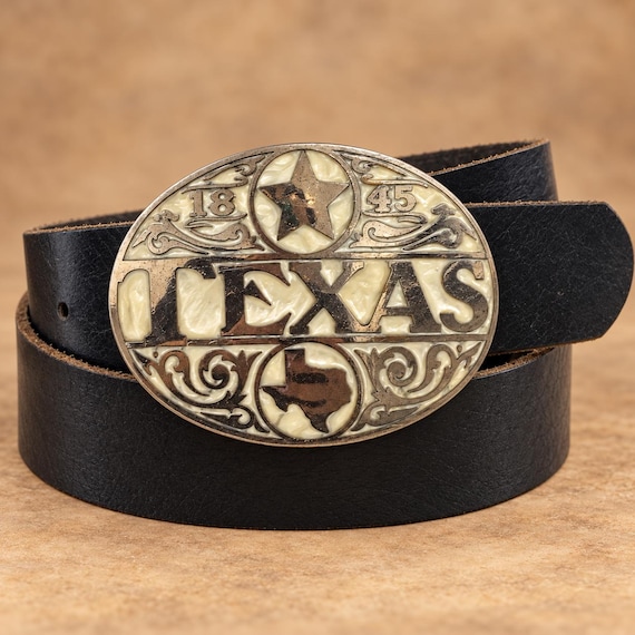 TEXAS Southwestern Nickel Belt Buckle with Turquoise & Mother of Pearl Inlay | Handmade Genuine Leather Custom Belt | Western Cowboy Belt