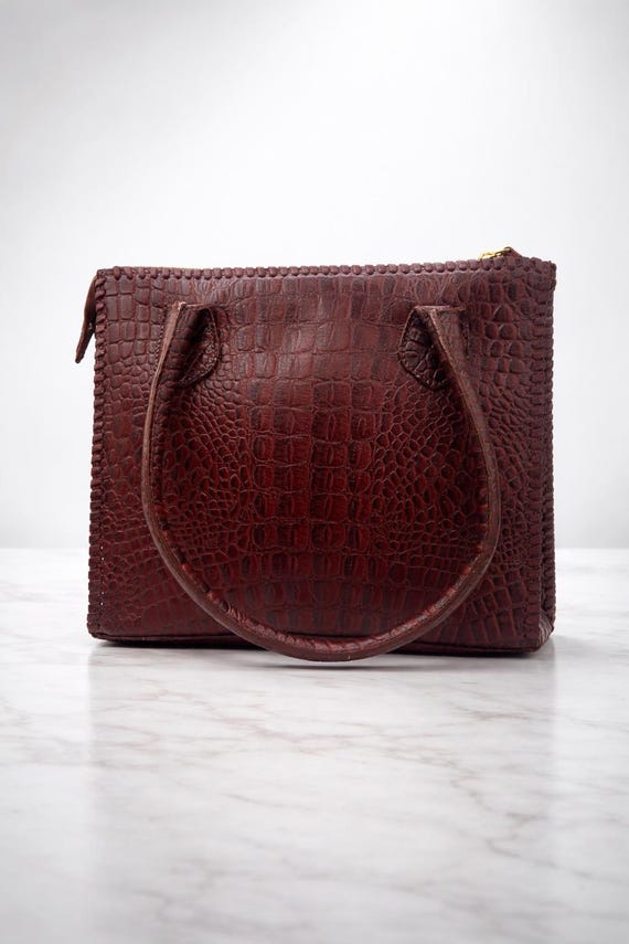 Genuine Alligator Grain Leather Handbag | Structured Tote with Whipstitch Detailing