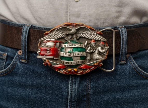 Vintage Belt Buckle- Proud to Be an American Firefighter, Optional Belt