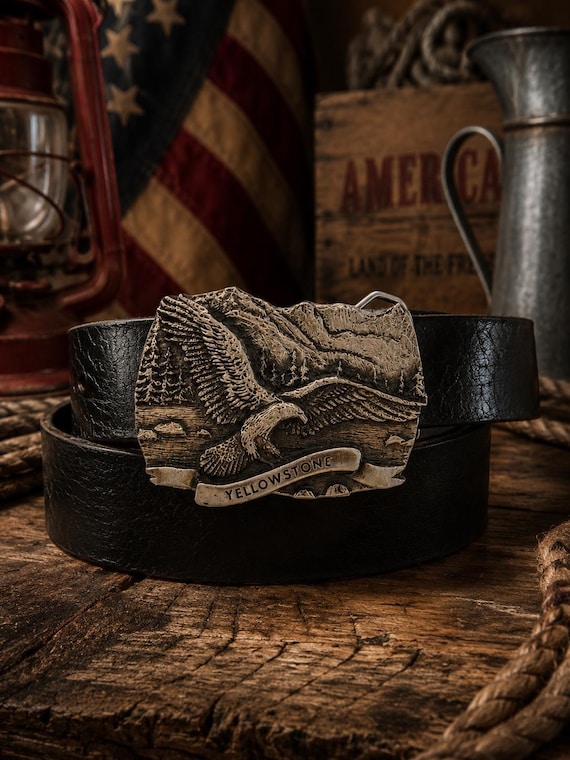 Vintage Yellowstone National Park Solid Brass Belt Buckle with Custom Genuine Leather Belt – Bald Eagle Mountain Scene – America 250 Gift
