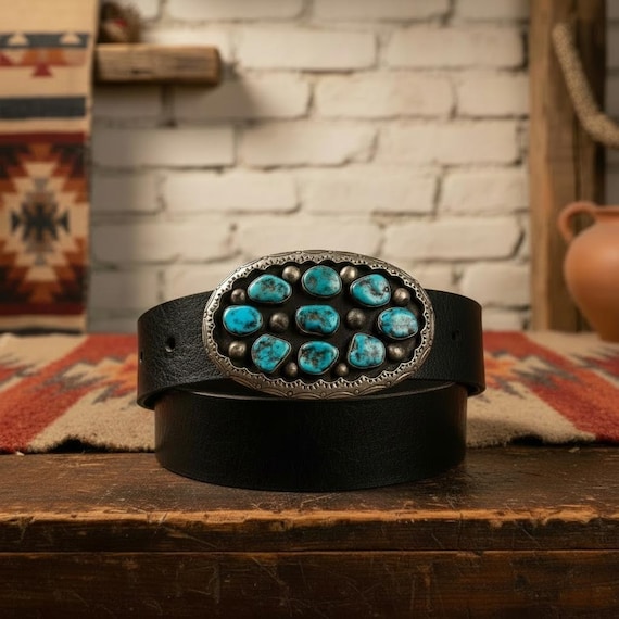 Southwestern Turquoise Belt Buckle with Leather Belt | Handmade Nickel Buckle | Genuine Turquoise Western Belt | Boho Cowgirl Statement Belt