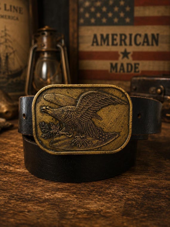 Vintage Belt Buckle American Eagle with Flag, Solid Brass, Optional Genuine Leather Custom Belt, Patriotic Gift, America 250