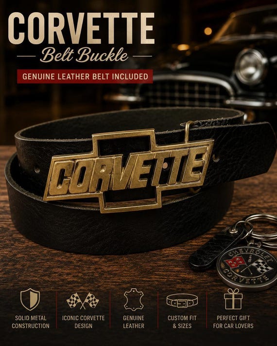 Vintage Belt Buckle Chevrolet CORVETTE, Solid Brass, Optional Belt