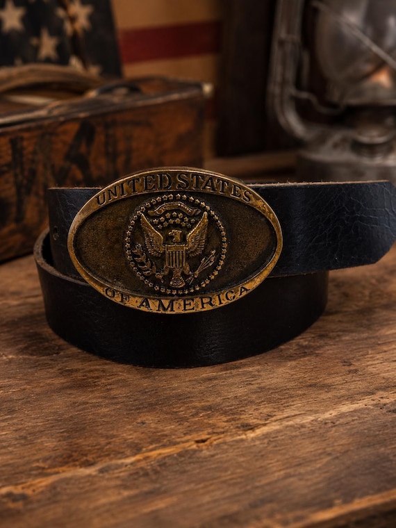 Vintage United States of America Eagle Belt Buckle with Custom Genuine Leather Belt | Solid Brass USA Patriotic Buckle | Americana Gift