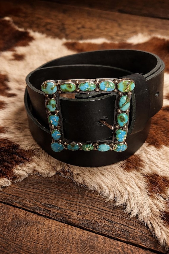 Southwestern Turquoise Belt Buckle with Custom Leather Belt – Sterling Silver Turquoise Buckle – Western Women’s Belt – Cowgirl Belt