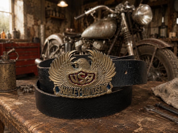 Vintage Harley-Davidson Eagle Belt Buckle - Baron 1983, with Handmade Genuine Leather Belt | Authentic Motorcycle Biker Collector Buckle