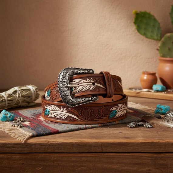 Southwestern Leather Belt, Hand-Carved Southwestern Feather (Custom Fit)