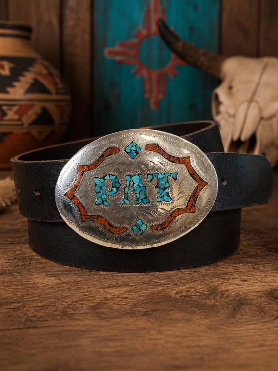 Personalized PAT Turquoise Belt Buckle with Custom Genuine Leather Belt | Southwestern Handmade Gift for Him or Her