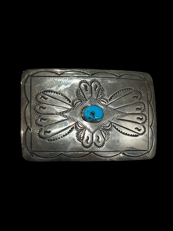 Vintage Sterling Silver Turquoise Belt Buckle | Southwestern Hand Stamped Western Buckle