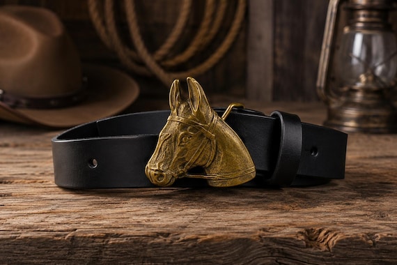Horse Belt Buckle - Solid Brass with Handmade Custom Leather Belt