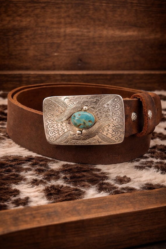 Vintage Sterling Silver Turquoise Belt Buckle with Custom Leather Belt – Handmade Southwestern Buckle