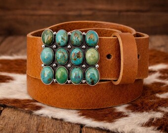 Turquoise Western Belt Buckle & Handmade Leather Belt  display picture 2