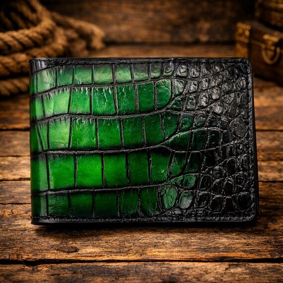 Men's Leather Wallet: Two-Tone Black & Green - Genuine Alligator