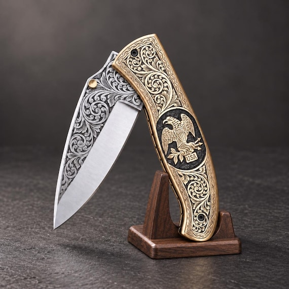 USA Handmade Knife - Engraved Eagle | Patriotic | Leather Sheath | Folding Camping Keepsake