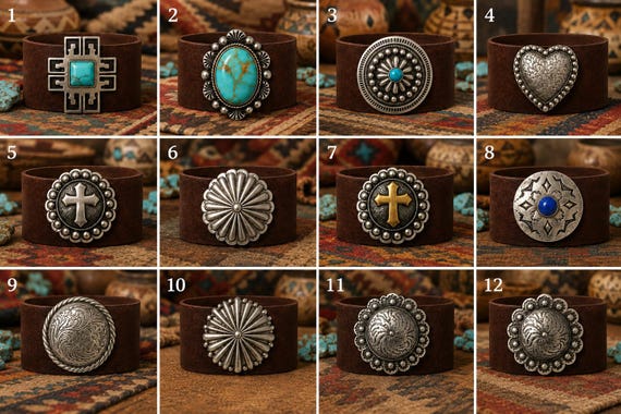 Custom Leather Cuff Bracelet | Choose Leather Color & Southwestern Concho | Handmade Boho Western Snap Bracelet | Unisex Gift