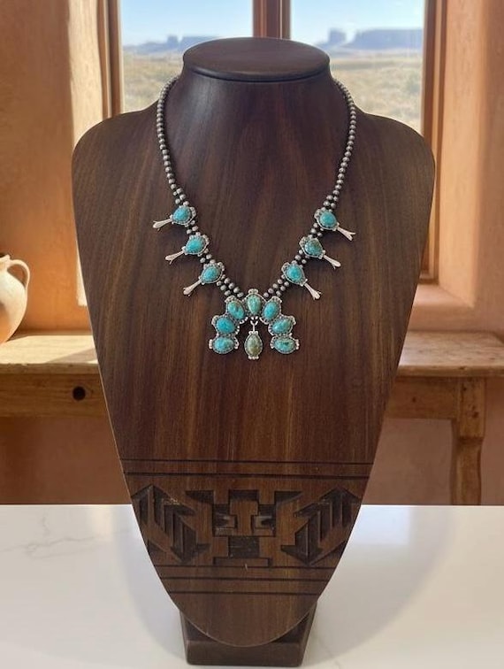 Southwestern Turquoise Squash Blossom Necklace | Sterling Silver Beaded Necklace | Statement Turquoise Pendant | Western Jewelry Gift
