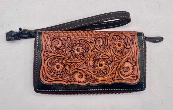 Southwestern hand carved ladies clutch wallet with leather wristlet