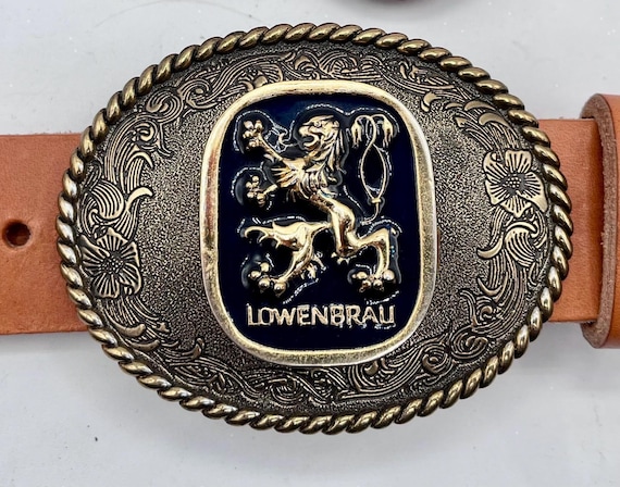 Lowenbrau Leather Belt Buckle, Gold Lion (Black, Brown, Tan)