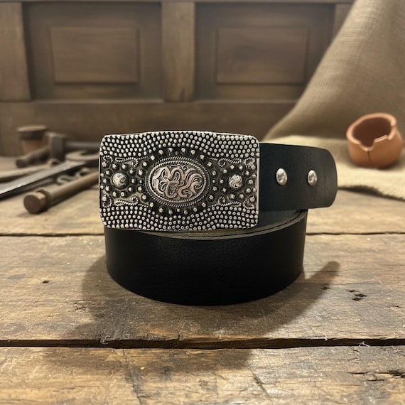 Southwestern Elegant Belt Buckle, Custom Genuine Leather Cowhide Belt, Multiple Colors - Handmade