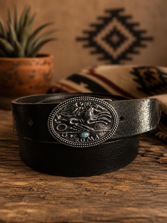 Roma Belt Buckle, Turquoise and Sterling Silver, Custom Leather Belt