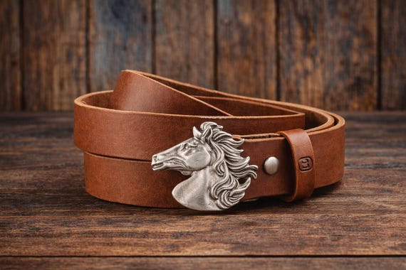 Horse Belt Buckle with Custom Leather Belt- Equestrian Cowgirl Rodeo