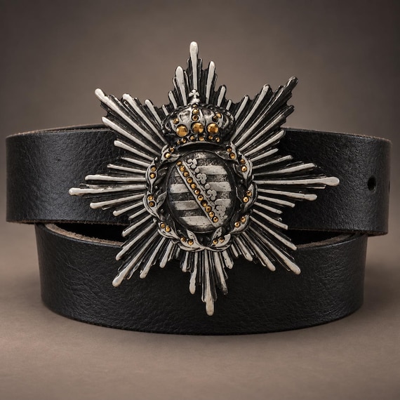 Royal Crown Belt Buckle & Custom Genuine Leather Belt, European Heraldic Crest, Gothic Baroque Statement Belt