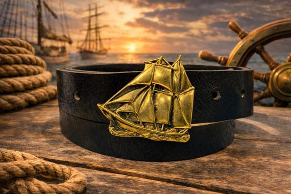 Vintage Sailboat Belt Buckle Solid Brass, Custom Genuine Leather Belt | Nautical Maritime Gift Coastal Ocean Lover