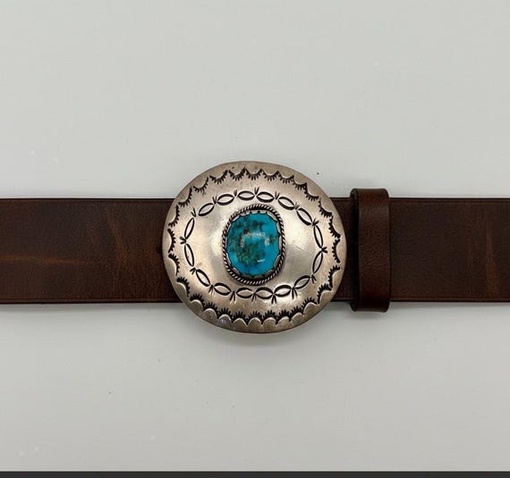 Turquoise Belt Buckle - Sterling Silver with Custom Leather Belt