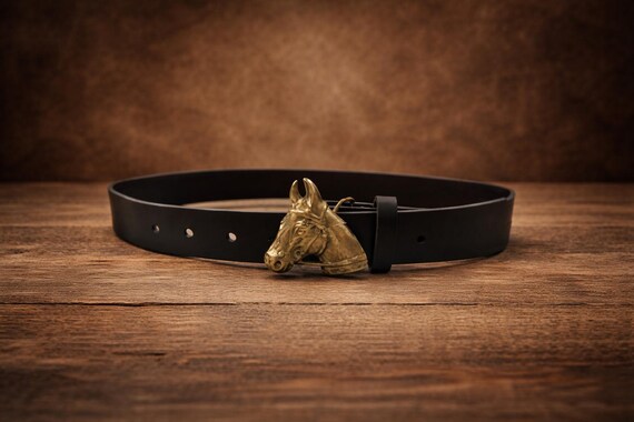 Horse Belt Buckle - Solid Brass with Handmade Custom Leather Belt