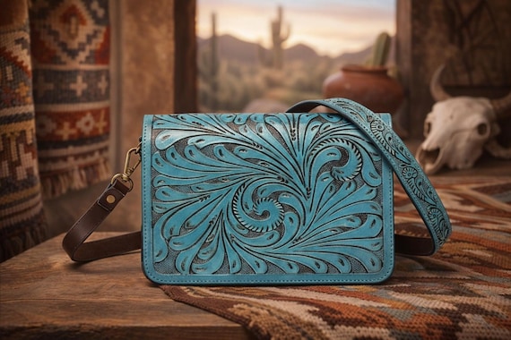 Turquoise Tooled Leather Crossbody Bag | Southwestern Hand Carved Western Purse