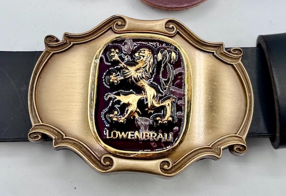 Lowenbrau Belt Buckle with Custom Leather Belt - Handmade Cowhide with Vintage Trophy Buckle