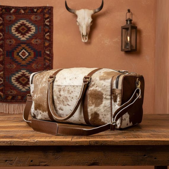 Hair-On Cowhide Leather Duffel Bag – Rustic Western Travel Weekender Overnight Bag
