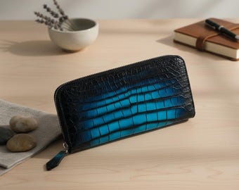 Genuine Alligator Leather Wallet for Women – Blue Gradient Zip Around Long Wallet – Luxury Ladies Clutch Organizer