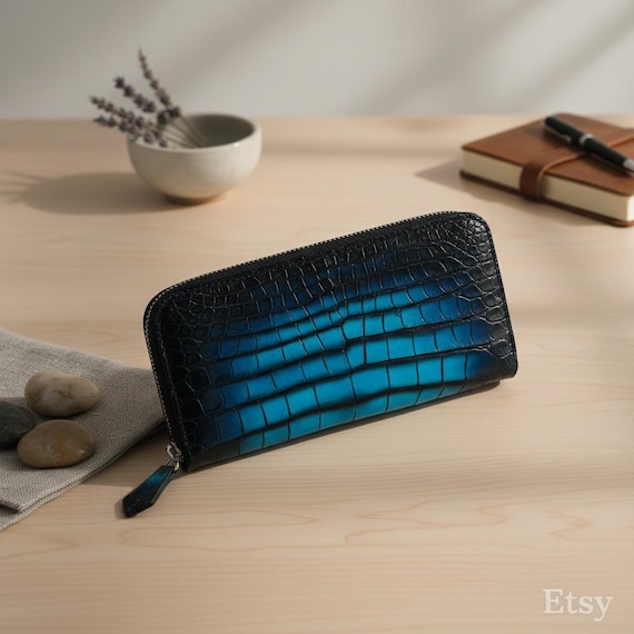 Premium Ladies Hand- Dyed American Alligator Leather Wallet – Blue Gradient Zip Around Organizer Clutch