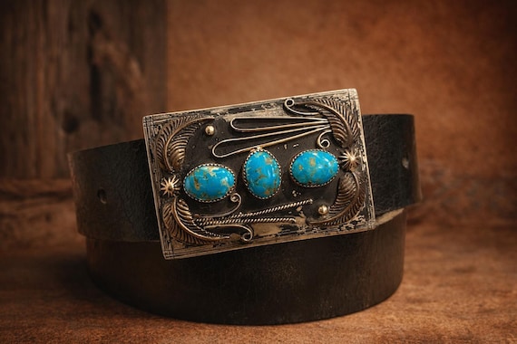 Southwestern Turquoise Belt Buckle with Leather Belt | Handmade Nickel Buckle | Genuine Turquoise Western Belt | Boho Cowgirl Statement Belt