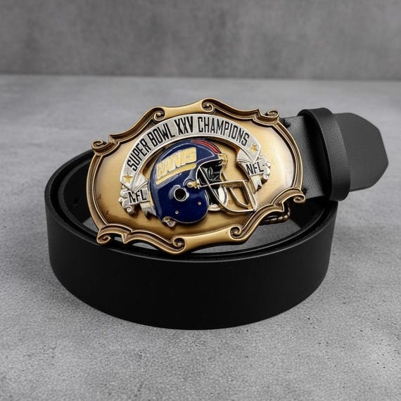 Vintage NY Giants Belt Buckle: Super Bowl Champion XXV, Premium Leather Belt