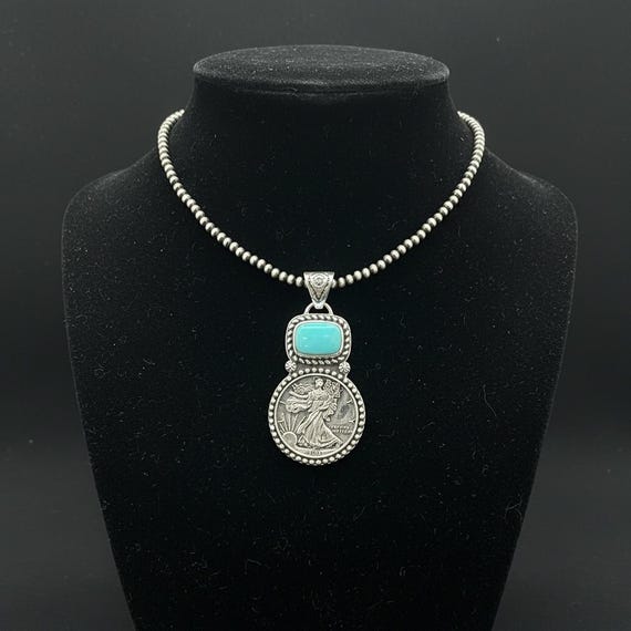 Vintage Walking Liberty Coin Pendant - Sterling Silver with Turquoise Stone