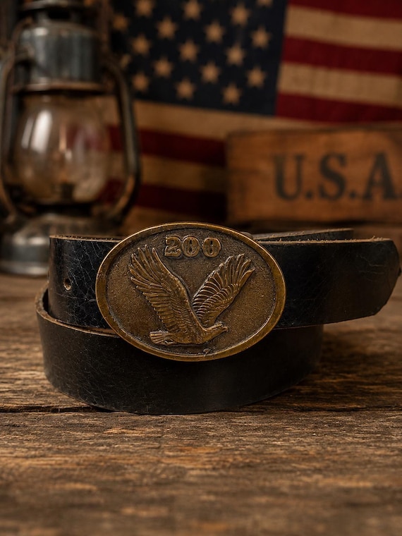 Vintage Bicentennial Eagle Belt Buckle with Genuine Leather Belt – Patriotic Americana Collector 1776–1976