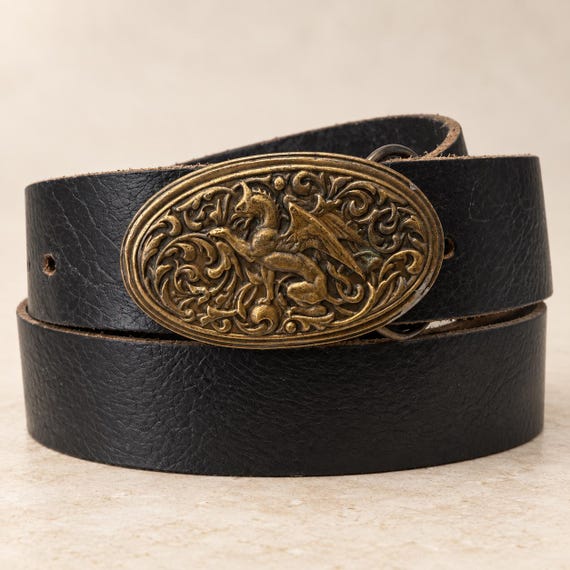 Vintage Mythical Lion with Wings GRYPHON GRIFFON Bergamot Brass Works F-46 Griffin Buckle with Custom Black Genuine Leather Belt