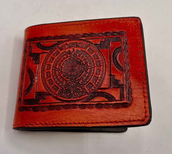 Men’s Leather Wallet, Hand Carved Montezuma Aztec Calendar (Slim Billfold)