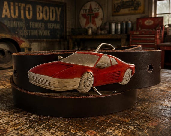 Vintage Ferrari Testarossa Style Belt Buckle – Red Enamel Sports Car, Handmade Leather Belt