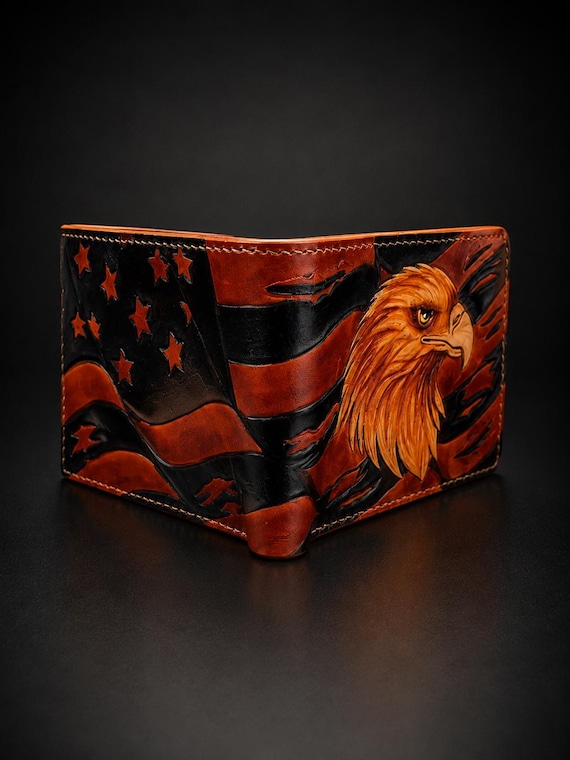 Patriotic Leather Wallet, Hand Carved Eagle and Flag (Billfold Style)