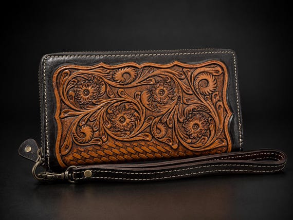 Boho Western Wallet, Hand Carved Ladies Clutch | Leather Wristlet | Black Tan Southwestern